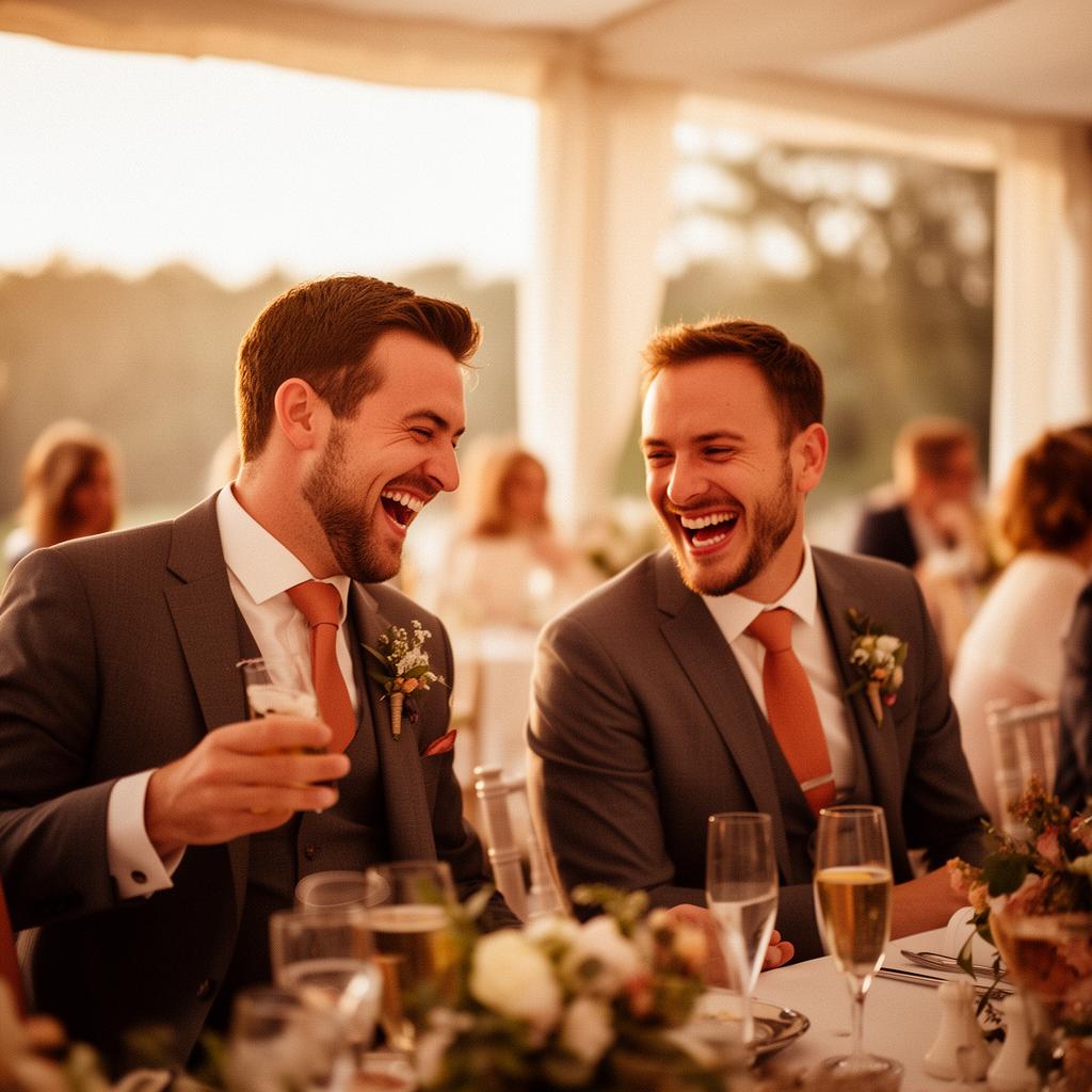 A groom and his best man laughing during a wedding toast